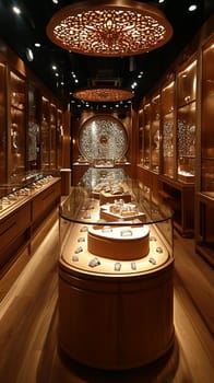 Upmarket Jewelry Store with Precious Gems in Elegant Disarray, The soft shimmer of jewels and glass cases suggests refinement and high-value transactions.