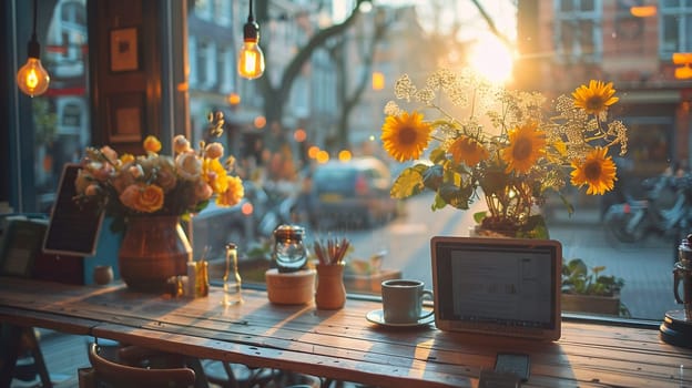 Digital Nomad Crafts Blog Posts in Exotic Cafe Setting, A blogger pens their latest post in a cafe that spills onto sunlit foreign streets.