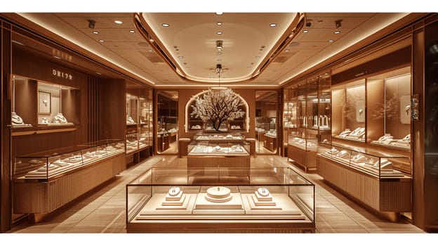 Upmarket Jewelry Store with Precious Gems in Elegant Disarray, The soft shimmer of jewels and glass cases suggests refinement and high-value transactions.