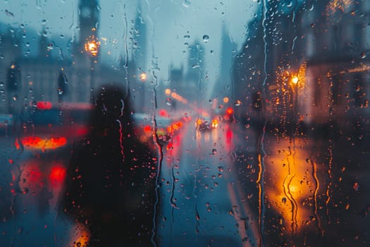 Raindrops on Window with Abstract Cityscape Reflection, The blurring effect of rain on glass merges with city contours, depicting weather's influence on urban life.