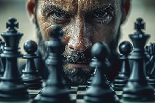 Business Strategist Contemplates Tactical Moves with Chess Analogy, Strategic planning is mirrored in the thoughtful moves of a chess game.