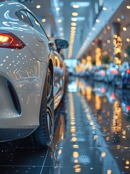 Gleaming Car Showroom Presenting New Models to Investors, The polished blur of cars and showroom lights reflect a sleek automotive business venture.