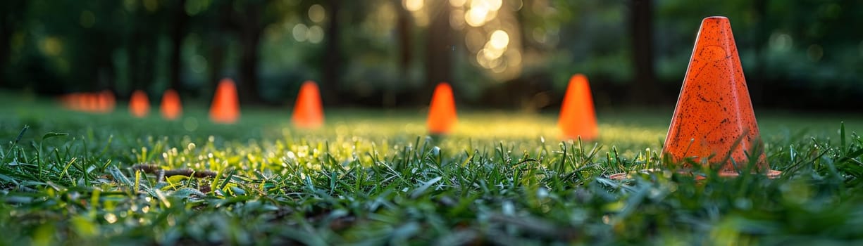 Outdoor Bootcamp Challenges Fitness Goals in Business of Group Exercise, Cones and agility drills map out a story of health and camaraderie in the fitness business.