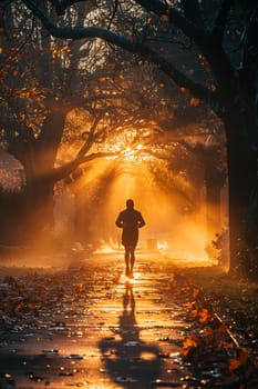 Early Morning Jogger's Silhouette Against a Misty Park Sunrise, A runner's motion blurs into the dawn, reflecting health and routine in urban life.