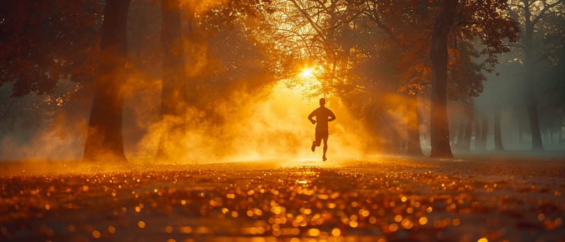 Early Morning Jogger's Silhouette Against a Misty Park Sunrise, A runner's motion blurs into the dawn, reflecting health and routine in urban life.