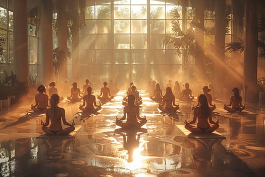 Serene Yoga Class in Session at a Sunlit Wellness Center, The tranquil blur of figures in poses against the morning light emphasizes balance and harmony.