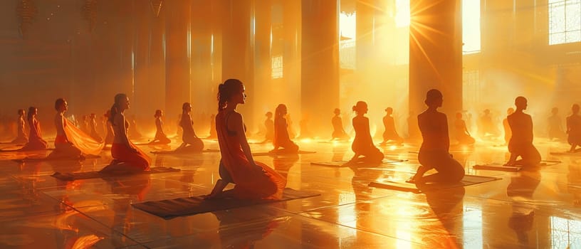 Serene Yoga Class in Session at a Sunlit Wellness Center, The tranquil blur of figures in poses against the morning light emphasizes balance and harmony.