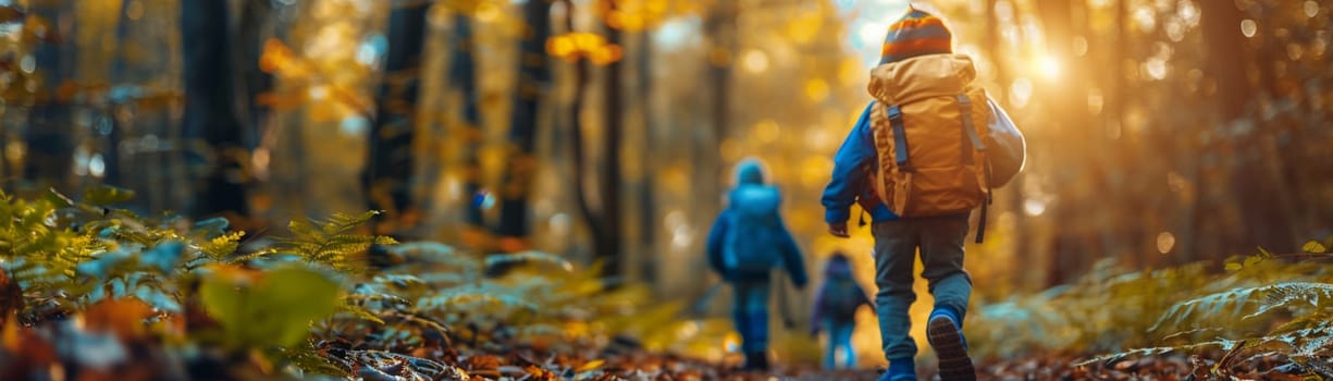 Nature Hiking Trail with Families Enjoying a Weekend Walk, The blur of movement amid greenery suggests the active pursuit of outdoor recreation.