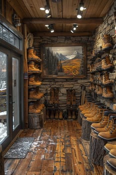 Outdoor Gear Store Equips Adventurous Spirits in Business of Exploration Retail, Hiking boots and gear displays equip a story of adventurous spirits and exploration retail in the outdoor gear store business.