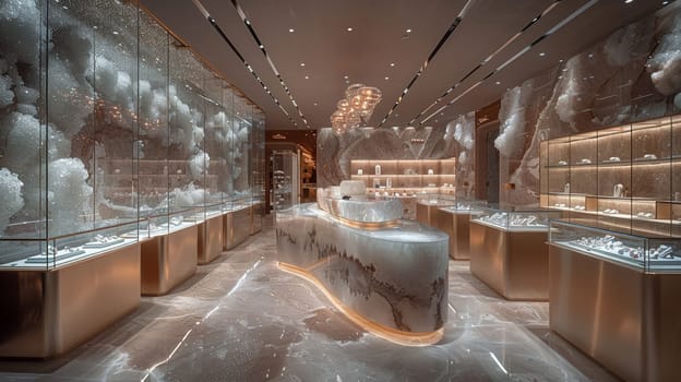 Upmarket Jewelry Store with Precious Gems in Elegant Disarray, The soft shimmer of jewels and glass cases suggests refinement and high-value transactions.