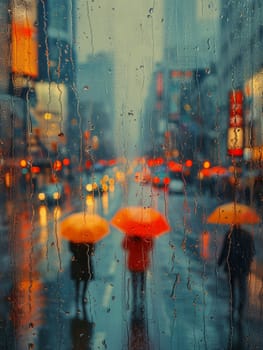 Rainy Day Cityscape with Blurred Umbrellas and Pedestrians, The water-streaked scene suggests the resilience and adaptability of city dwellers.