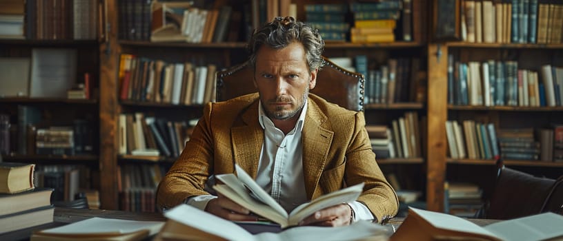 Business Leader Stays Informed with Industry Literature in Private Office, A moment of quiet study in an office lined with books and business journals.