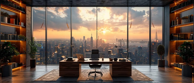 Elegant Executive Making Decisions in a High-End Office, Surrounded by panoramic city views, a decision-maker contemplates their next move.