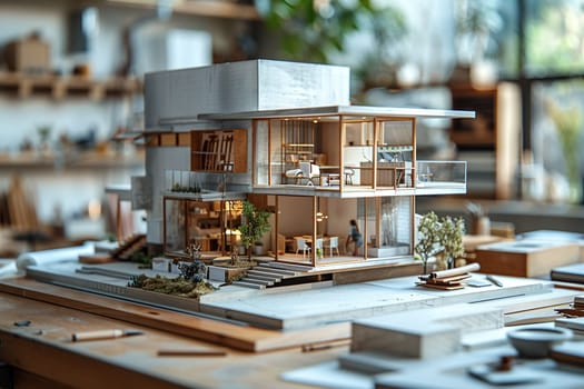 Spacious Architecture Firm with Models and Drafts in Motion, The blur of creative materials and focused architects suggests design and vision coming to life.