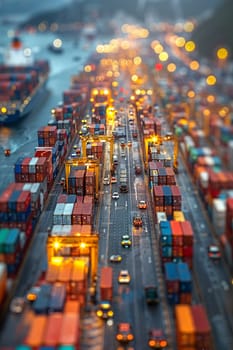 Bustling Commercial Port with Cargo Ships and Cranes, The blur of shipping containers and machinery signifies global trade and industry.