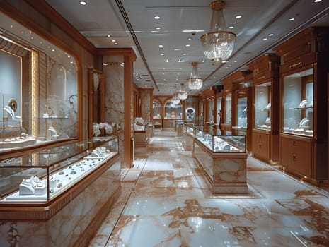 Upmarket Jewelry Store with Precious Gems in Elegant Disarray, The soft shimmer of jewels and glass cases suggests refinement and high-value transactions.