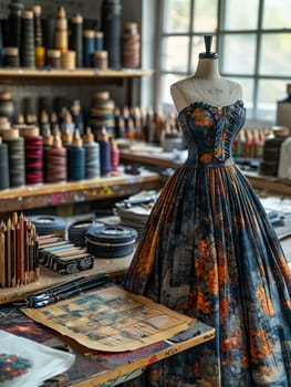 Fashion Designer Sketches Out Fresh Ideas in a Sunlit Studio, Creative designs come to life amidst the fabrics and sketches of a bright studio.