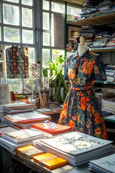 Fashion Designer Sketches Out Fresh Ideas in a Sunlit Studio, Creative designs come to life amidst the fabrics and sketches of a bright studio.
