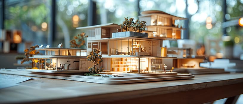 Spacious Architecture Firm with Models and Drafts in Motion, The blur of creative materials and focused architects suggests design and vision coming to life.