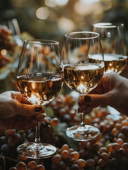 Sophisticated Wine Tasting Event with a Blur of Toasting Glasses, The clinking of glasses in a hazy vineyard setting evokes a sense of celebration.