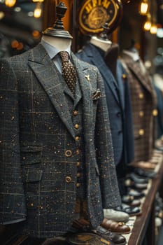 Tailored Suit Fittings Measure Elegance in Business of Custom Apparel, Tape measures and suits tailor a narrative of sophistication in the fashion business.