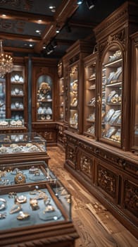 Upmarket Jewelry Store with Precious Gems in Elegant Disarray, The soft shimmer of jewels and glass cases suggests refinement and high-value transactions.