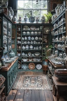 Charming Antique Shop Offering Hidden Gems to Collectors, The dusty blur of antiques and curios paints a scene of treasure-hunting business.