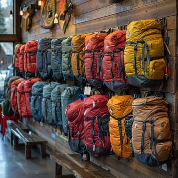 Outdoor Gear Displays Equip Exploration in Business of Adventure Retail, Backpacks and tents outfit a narrative of discovery and endurance in the outdoor business.