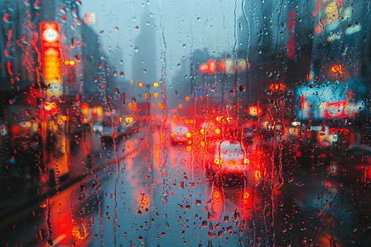 Raindrops on Window with Abstract Cityscape Reflection, The blurring effect of rain on glass merges with city contours, depicting weather's influence on urban life.