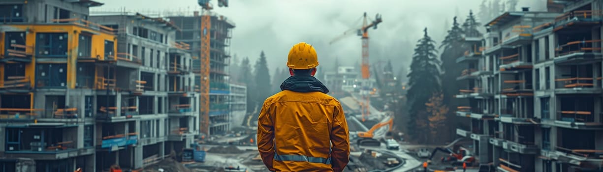 Construction Site Manager Reviewing Building Plans Outdoors, Overlooking a developing property, blueprints in hand, a manager ensures project accuracy.