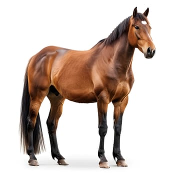 A livercolored horse with a sorrel mane is standing on a white background. Known as a terrestrial animal, it is used as a working and pack animal in various landscapes