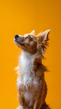 A fawncolored dog with white markings, likely a mixed breed companion dog, sits on a yellow background, gazing upwards with its carnivorous snout. Its fur is a mix of brown and white