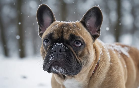 A fawn French Bulldog, a carnivorous dog breed, is lying in the snow and gazing at the camera with its wrinkled snout and whiskers
