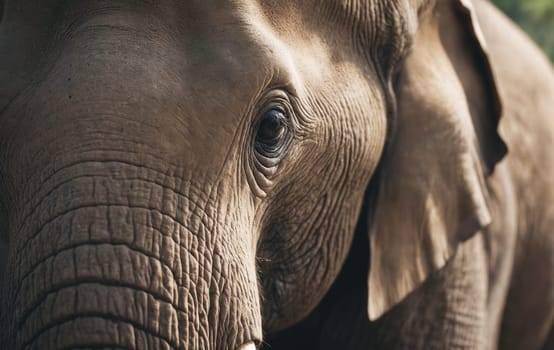 A closeup of an African elephants face with its ivory tusks and trunk snout in focus, set against a backdrop of trees in a natural landscape