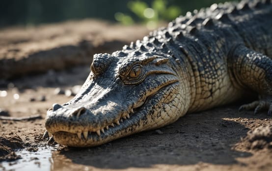 A closeup of a terrestrial reptile, the American crocodile, laying on the ground with its mouth open, showcasing its powerful jaws and sharp teeth