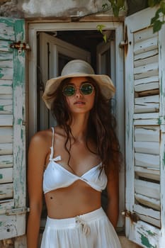A woman in a sun hat and sunglasses stands in front of a window, with wood framing. Her waist is accentuated by the sleeves of her top