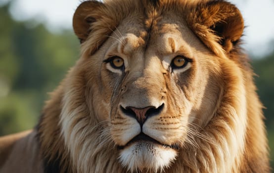 A close up of a lions face with its whiskers and mane in focus, staring directly at the camera. The majestic feline belongs to the Felidae family, known for being powerful carnivorous big cats