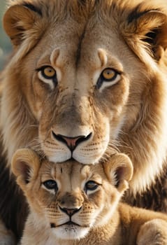 A photograph capturing a white lion and its cub lying on top of each other in nature. This felidae organism, a carnivorous mammal, showcases their whiskers and beauty in a terrestrial animal temple