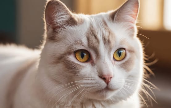 A closeup of a Felidae cat with yellow eyes and fawn fur staring directly into the camera, showcasing its whiskers and small to mediumsized snout