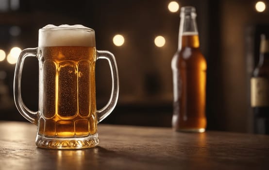 A bottle of beer and a glass of beer are placed on a wooden table. The amber liquid in the bottle and glass is ready to be enjoyed as a refreshing drink
