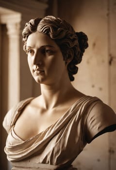 A classical sculpture of a woman in a dress, with intricate details on her jaw, chest, and trunk, sits in front of a window as an art artifact in a building, serving as a beautiful monument