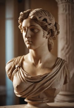 A classical sculpture of a woman in a dress, with intricate details on her jaw, chest, and trunk, sits in front of a window as an art artifact in a building, serving as a beautiful monument