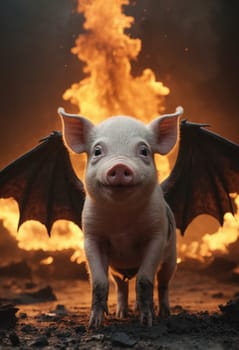 Surreal scene of a pig with bat-like wings flying over flames, digital art concept.