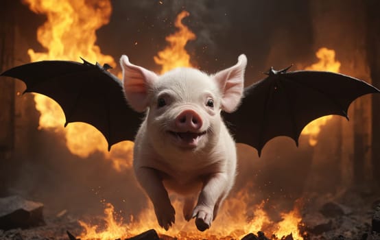 Surreal scene of a pig with bat-like wings flying over flames, digital art concept.
