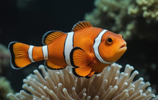 The clownfish, a type of anemone fish, is swimming gracefully on top of a coral reef in its natural underwater habitat. This vertebrate organism belongs to the rayfinned fish group in marine biology