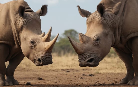Two white rhinoceros stand together on a dusty path in their natural habitat. These terrestrial animals showcase their adaptation to the environment
