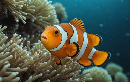 The clownfish, also known as an anemone fish, is swimming among the coral reefs colorful plants and organisms in the underwater world of marine biology