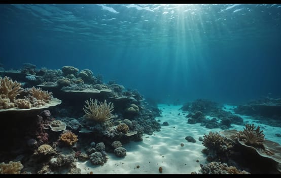 The sunlight is penetrating the fluid underwater environment above a vibrant coral reef, showcasing the beauty of marine biology in the aqua natural landscape