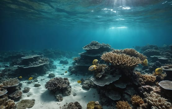 The fluid sunlight filters through the water over a vibrant coral reef, creating a breathtaking underwater landscape in coastal and oceanic landforms