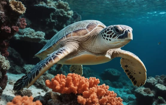 A vertebrate organism, a sea turtle, is swimming underwater in the fluid water near a coral reef, showcasing a fascinating event in marine biology